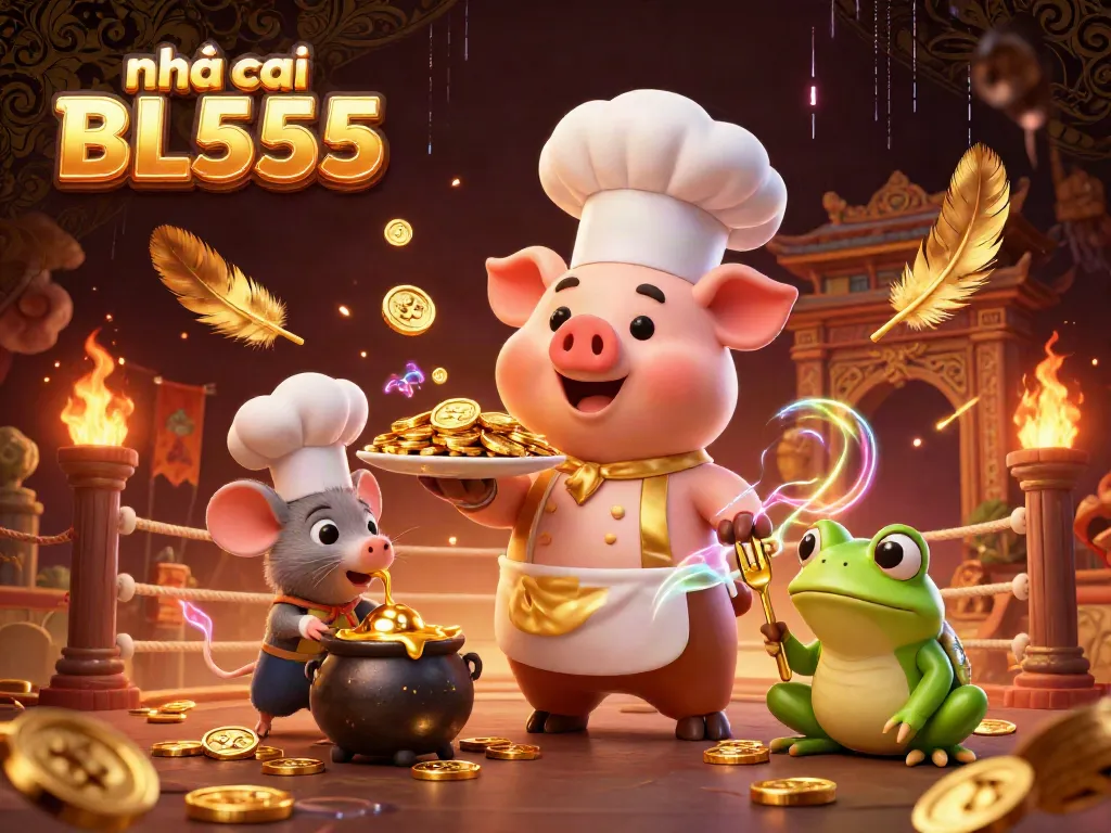 Experience the excitement at nhà cái BL555 through vibrant gourmet gold coins and gaming elements in this animated scene.