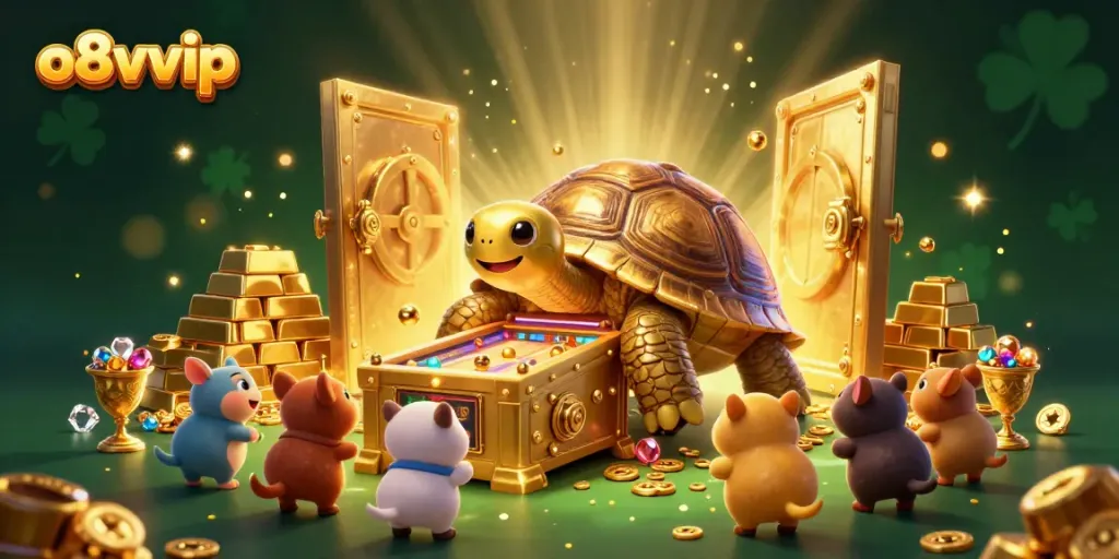 Engage with thrilling gameplay at o8vvip, featuring a dynamic casino scene with vibrant characters and gold treasures.