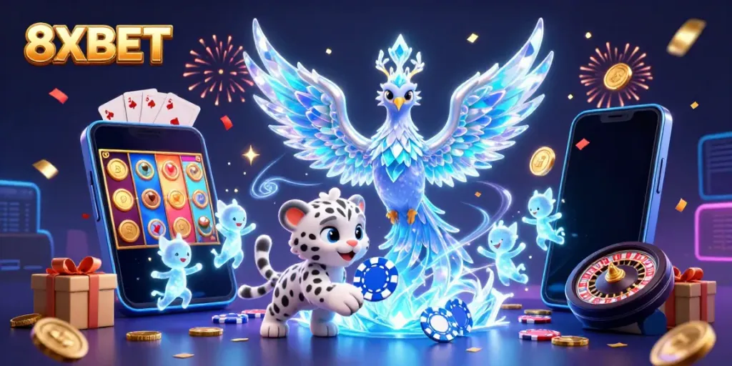 Engage with thrilling gameplay at 8XBET featuring vibrant 3D illustrations of a phoenix and casino elements.