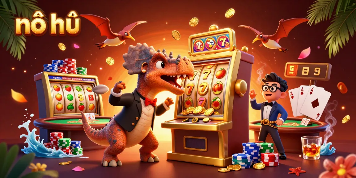 Engage with nổ hũ in this vibrant casino scene with dinosaurs, slot machines, and thrilling jackpots!