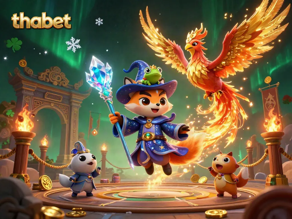 Experience the magic of thabet in a vibrant, dynamic casino scene with a wizard fox and phoenix.