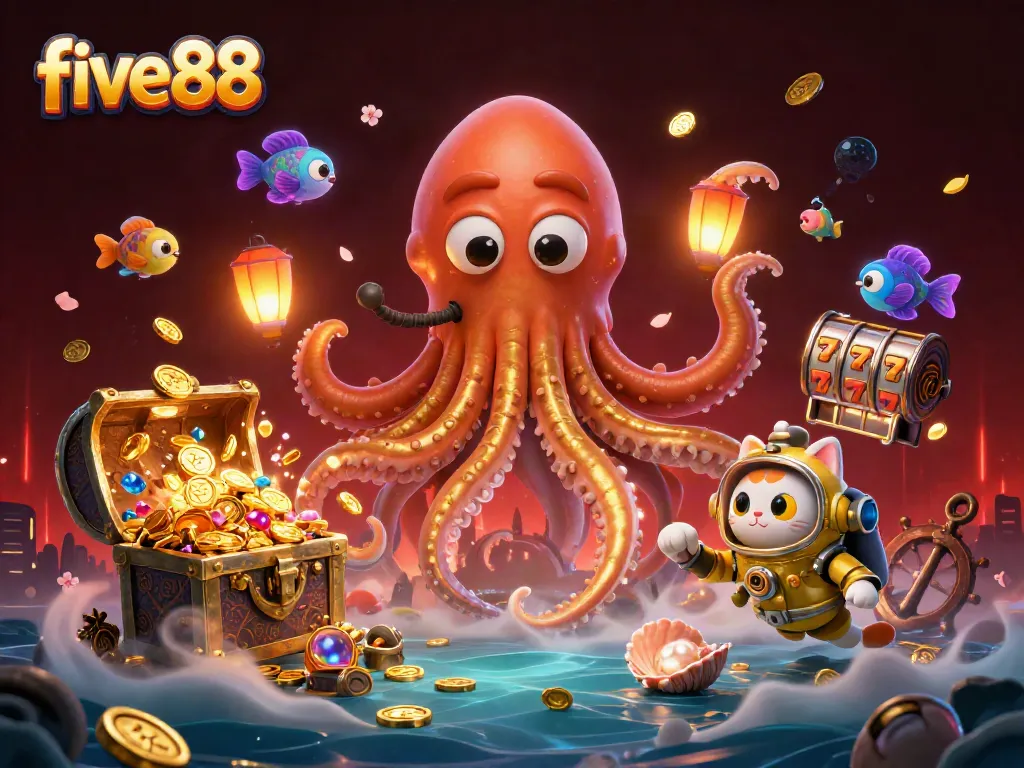 Experience five88 thrills with a powerful kraken, diving cat, and magical slot elements in this vibrant casino scene.
