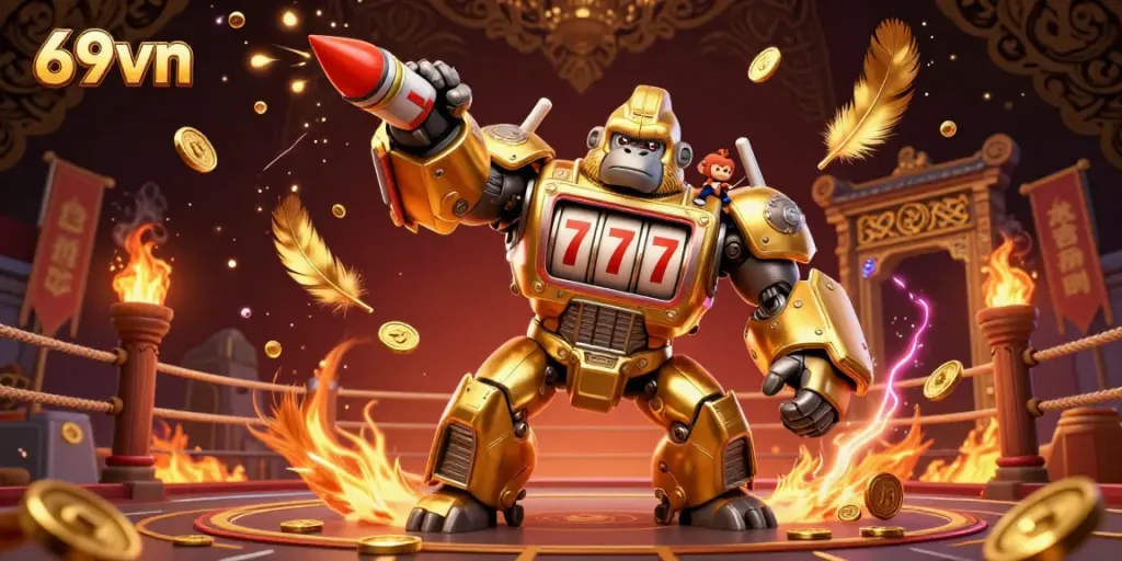 Engage in thrilling action at 69vn with a dynamic 3D illustration of a golden gorilla mech and vibrant casino elements.