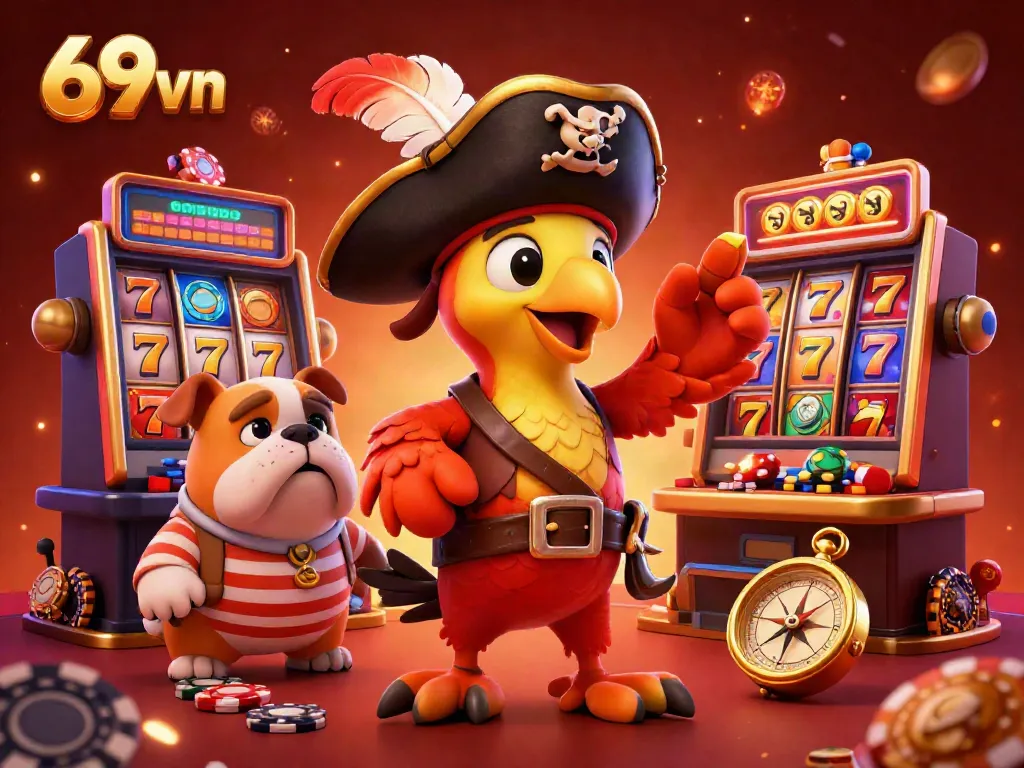Engage in thrilling slot adventures at 69vn with vibrant 3D casino illustrations showcasing colorful reels and lively characters.