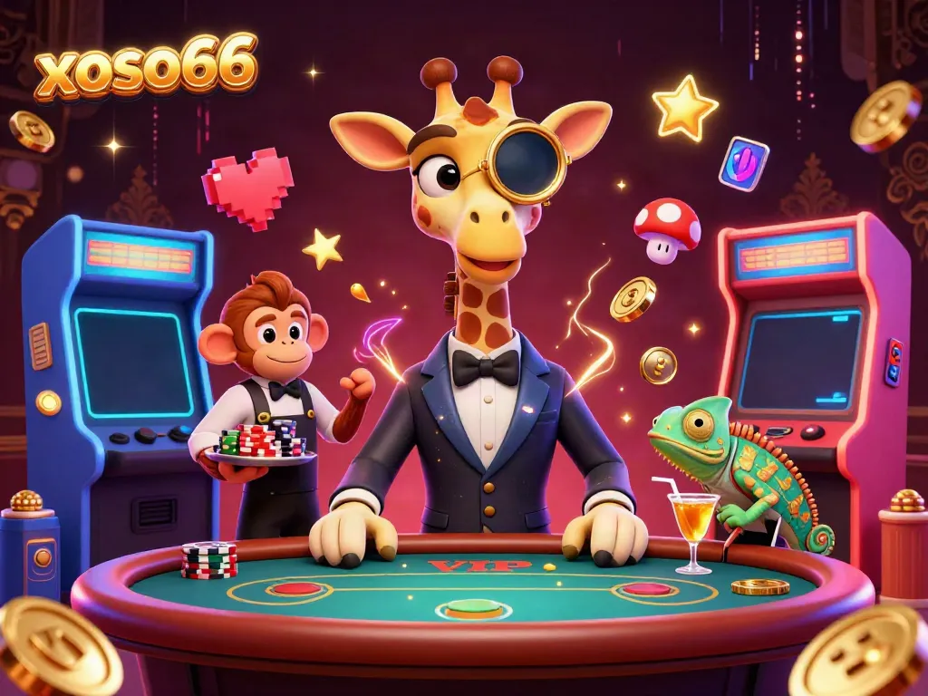 Experience high-stakes excitement with xoso66 at a vibrant online casino scene featuring colorful gaming elements and whimsical characters.