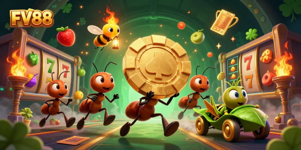 Experience thrilling gaming at FV88 with a vibrant heist scene featuring playful ants and a firefly lookout.