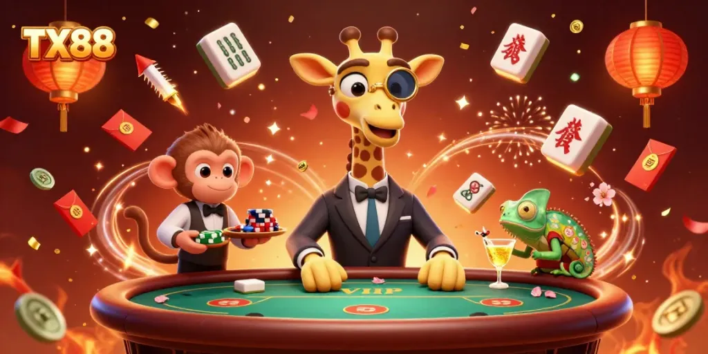 TX88 high-roller giraffe celebrates with vibrant casino gaming elements and golden cocktail.