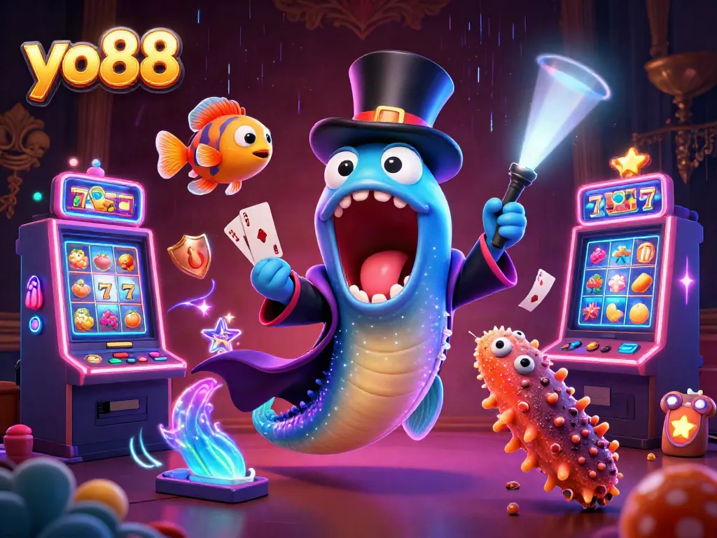 Engage with thrilling card tricks in a magical yo88 casino undersea scene with vibrant slots and dynamic elements.