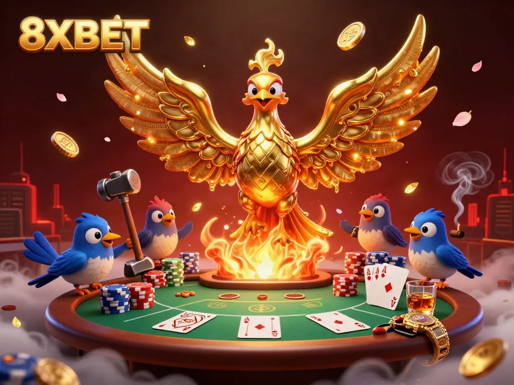 Engage in thrilling poker battles with 8XBET, where fortune favors the bold, featuring majestic phoenix and golden details.
