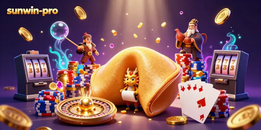 Experience the thrill of sunwin-pro with a dynamic casino scene featuring a golden fortune cookie and a wise dragon.