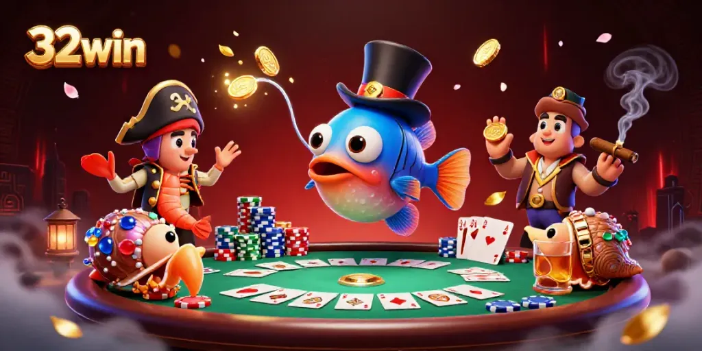 32win showcases a vibrant 3D anglerfish scene with pirate shrimp and treasure snail at a poker table.