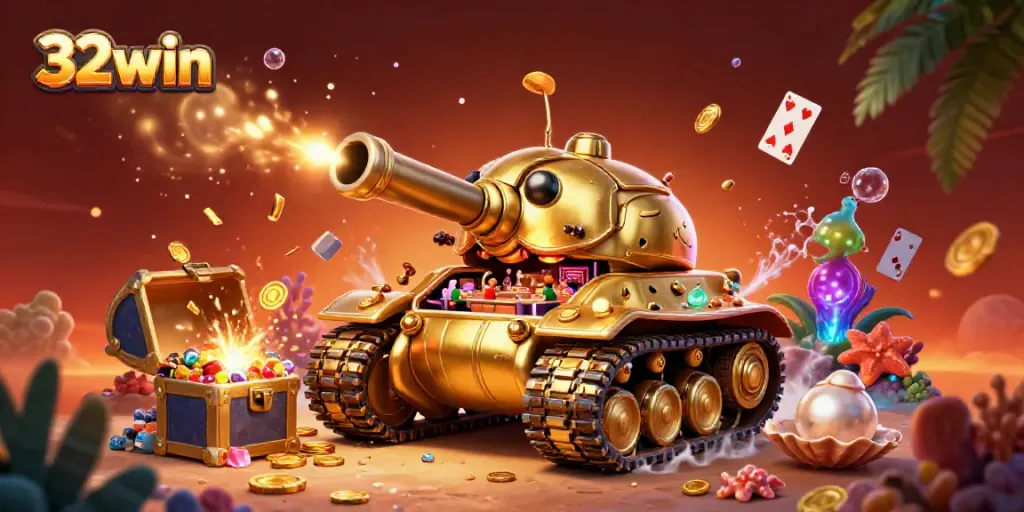 32win gaming adventure featuring a golden beetle tank with a casino inside, surrounded by treasure and gaming elements.