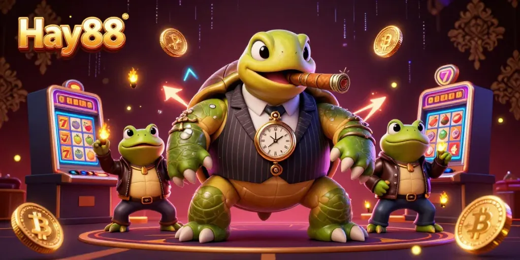 Experience Hay88's thrilling atmosphere with a massive turtle mobster and bullfrog enforcers surrounded by exciting casino elements.