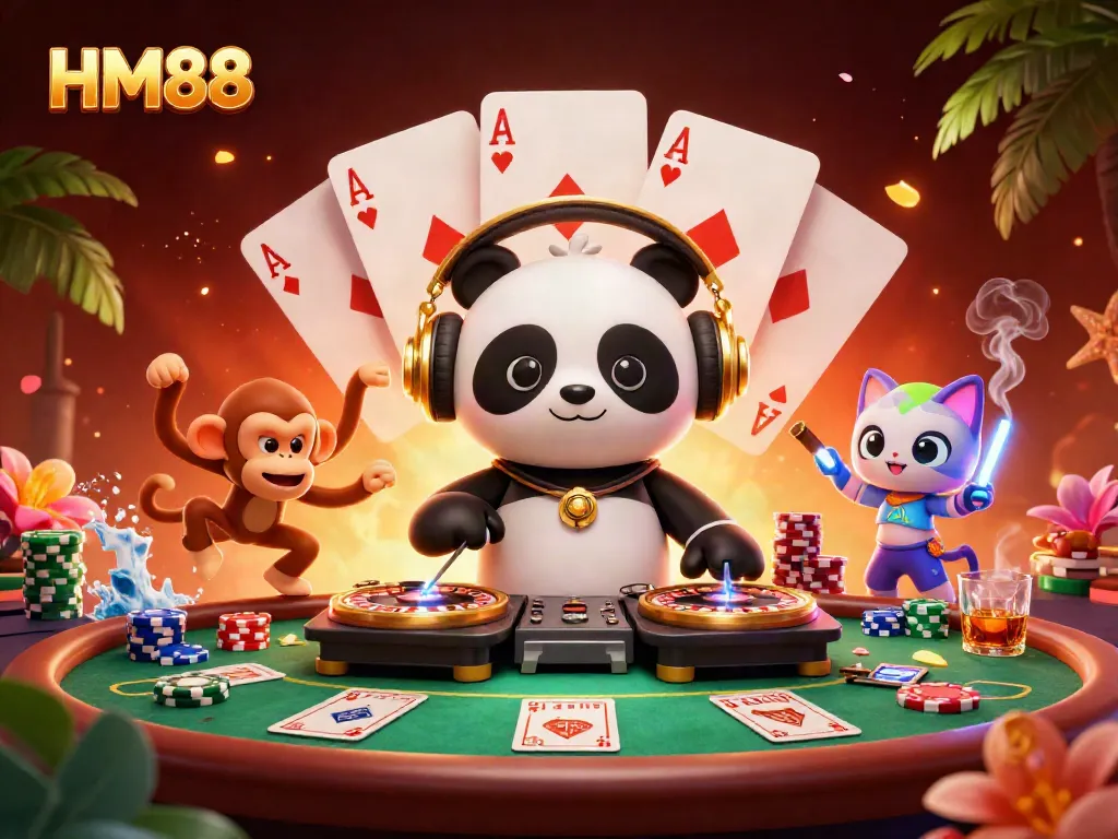 Experience excitement at HM88 with a vibrant casino scene featuring dynamic characters and gaming elements.