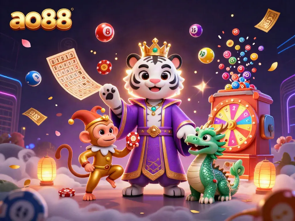 Engage in the vibrant world of ao88 with a magical scene featuring a white tiger, a juggling monkey, and a jade dragon amid cascading lottery elements.