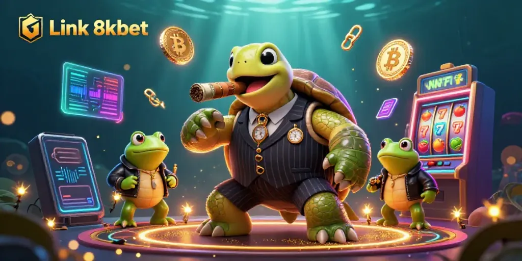 Experience the thrill of gambling at Link 8kbet with this vibrant 3D illustration featuring a cartoon turtle and bullfrogs amid slot machines.