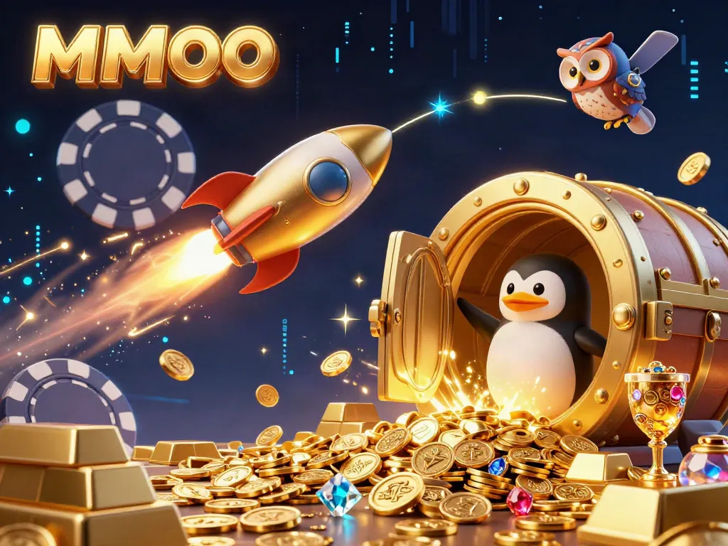Join the MMOO penguin in a thrilling space adventure towards winning treasures at the casino!