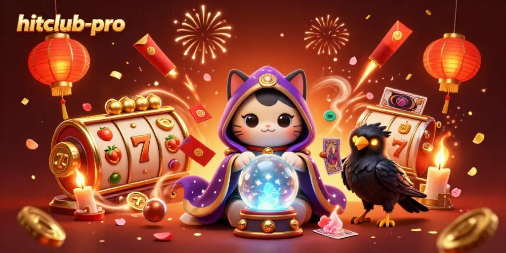 Engage in exciting gaming at hitclub-pro with vibrant slot visuals, lucky charms, and festive decorations.