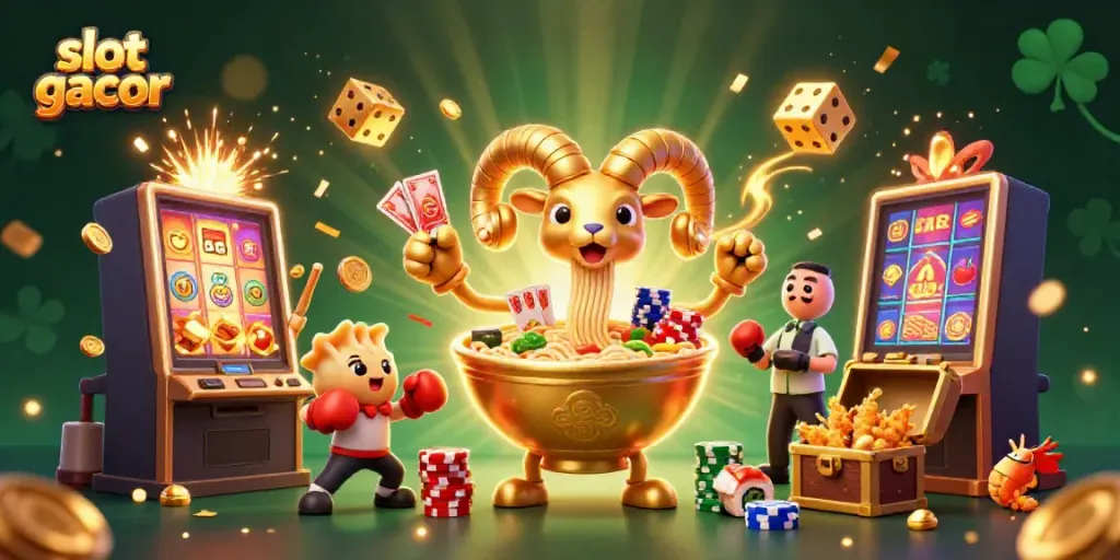 Gambar taruhan slot gacor dengan karakter 3D kartun di kasino yang meriah