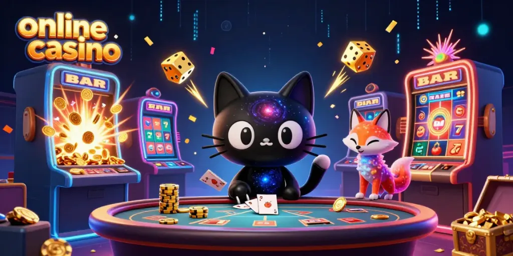 Engage with an online casino scene featuring a black hole cat and nebula fox amidst slot jackpots and casino elements.