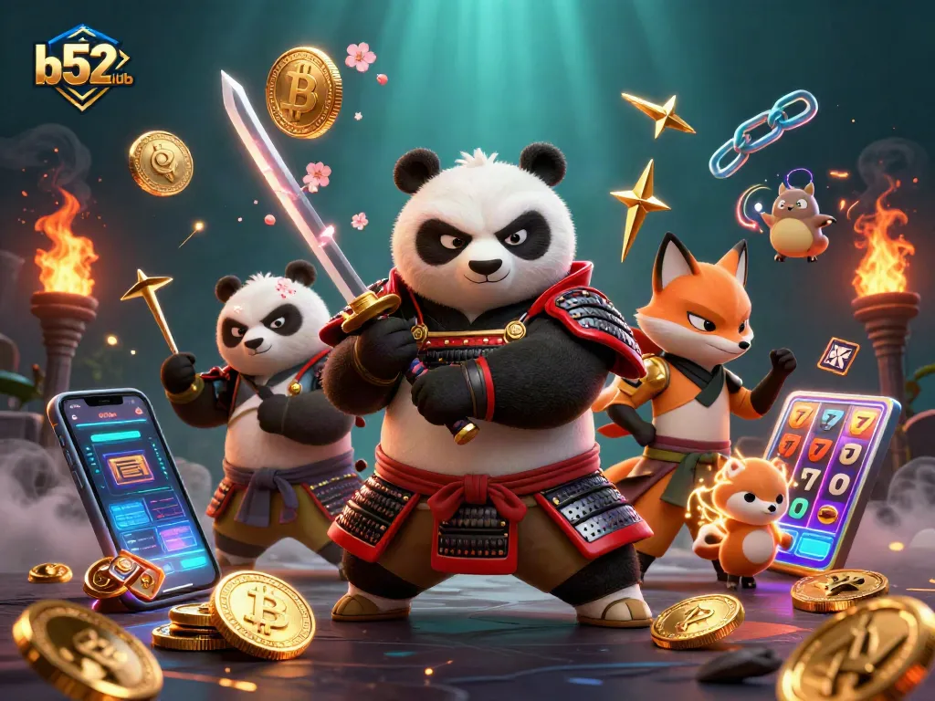 b52clubb energizes gameplay with samurai panda, ninja fox, and crypto elements in a vibrant casino scene.
