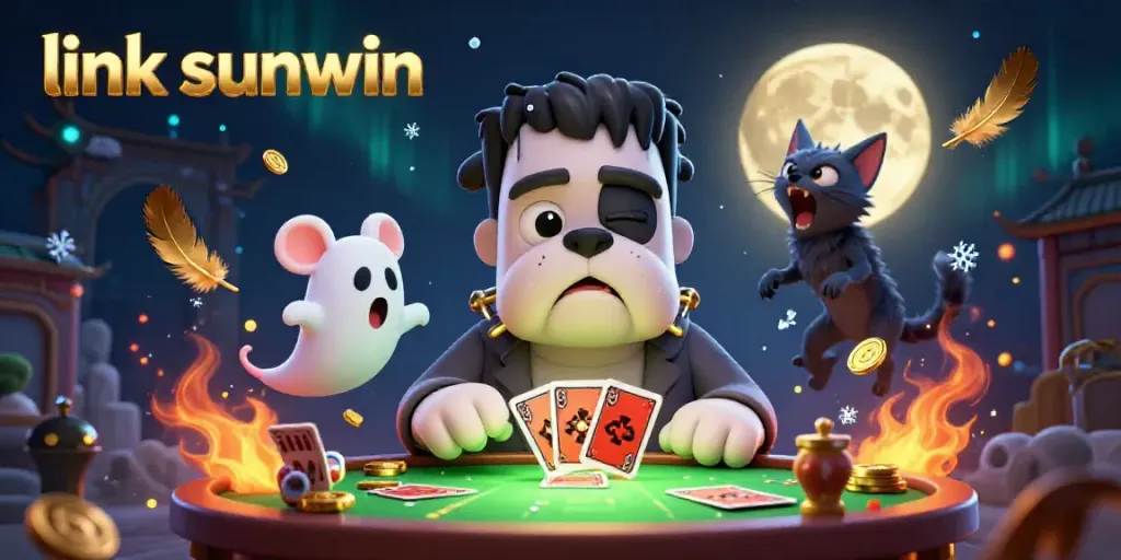 Engaging casino illustration for link sunwin featuring a Frankenstein bulldog monster dealing cards surrounded by vibrant game elements.