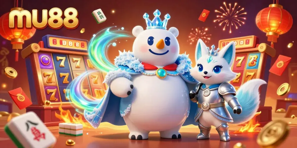 Join the fun at mu88, where the ice king polar bear and fox explore colorful slot games and jackpots!
