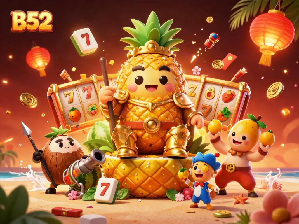B52 beach casino scene featuring a pineapple king, coconut guards, and jester amidst vibrant gaming elements.