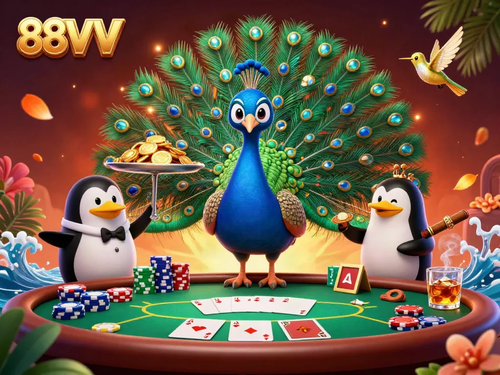 Engage in exciting gameplay at 88VV with a vibrant casino scene featuring vivid characters and dynamic poker elements.
