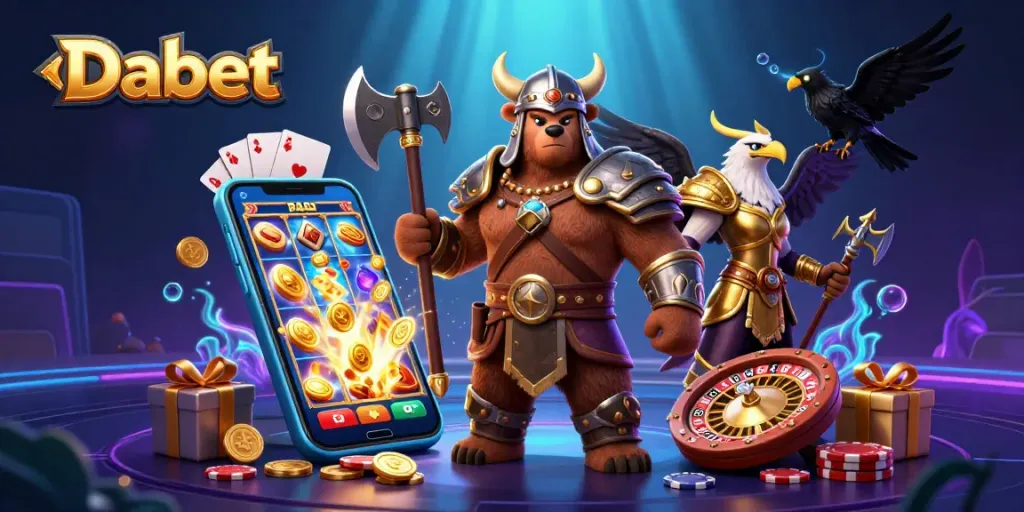 Dabet casino scene showcasing a Viking bear and Valkyrie eagle with dynamic gaming elements.