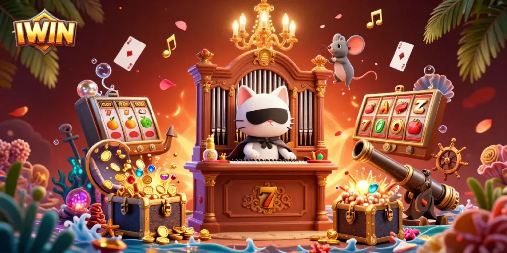 Spin the reels in the vibrant IWIN casino scene filled with sparkling treasures and lively symbols.