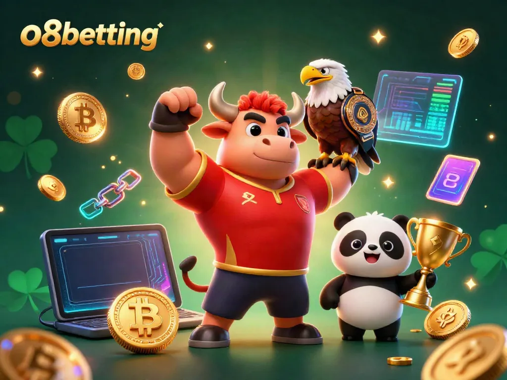 Win big at o8betting with a joyful bull, eagle, and panda celebrating in a dynamic casino scene.