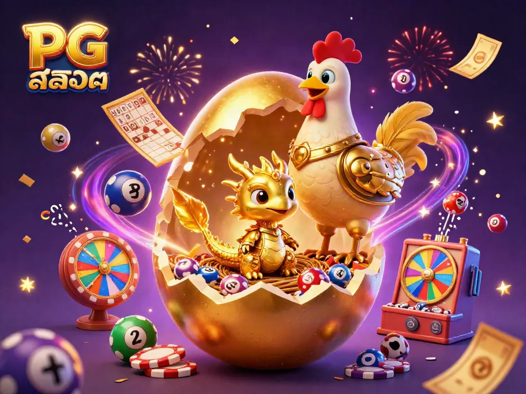 Engage with PG สล็อต: a golden dragon reveals poker chips surrounded by dynamic lottery elements, creating an exciting gaming scene.