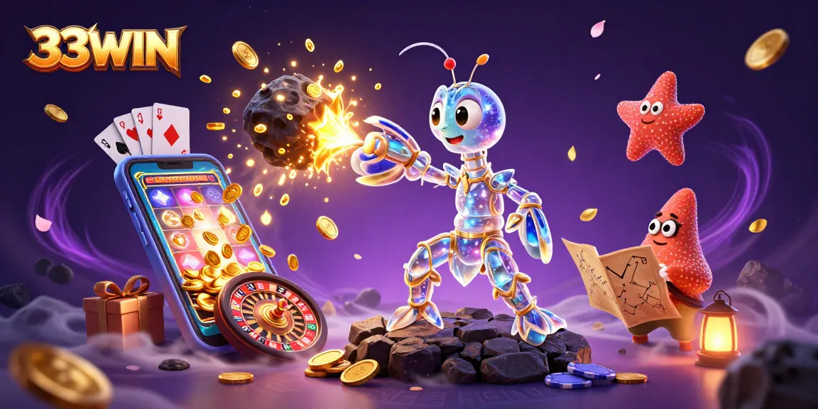 Experience the thrill of 33WIN, where a galactic mantis shrimp battles for treasures in a vibrant casino world.
