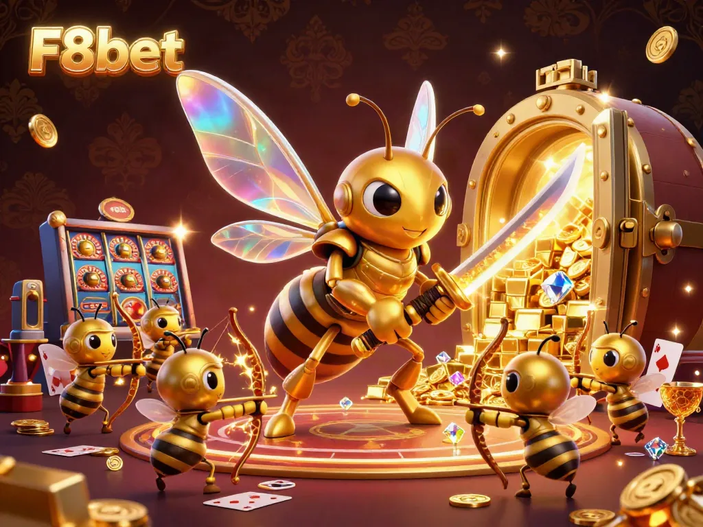 Experience the thrill of F8bet with a vibrant casino scene featuring a heroic hornet warrior.