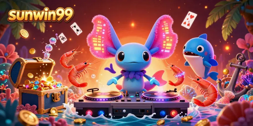 Experience sunwin99 with a vibrant illustration featuring a neon axolotl DJ and energetic underwater casino elements.