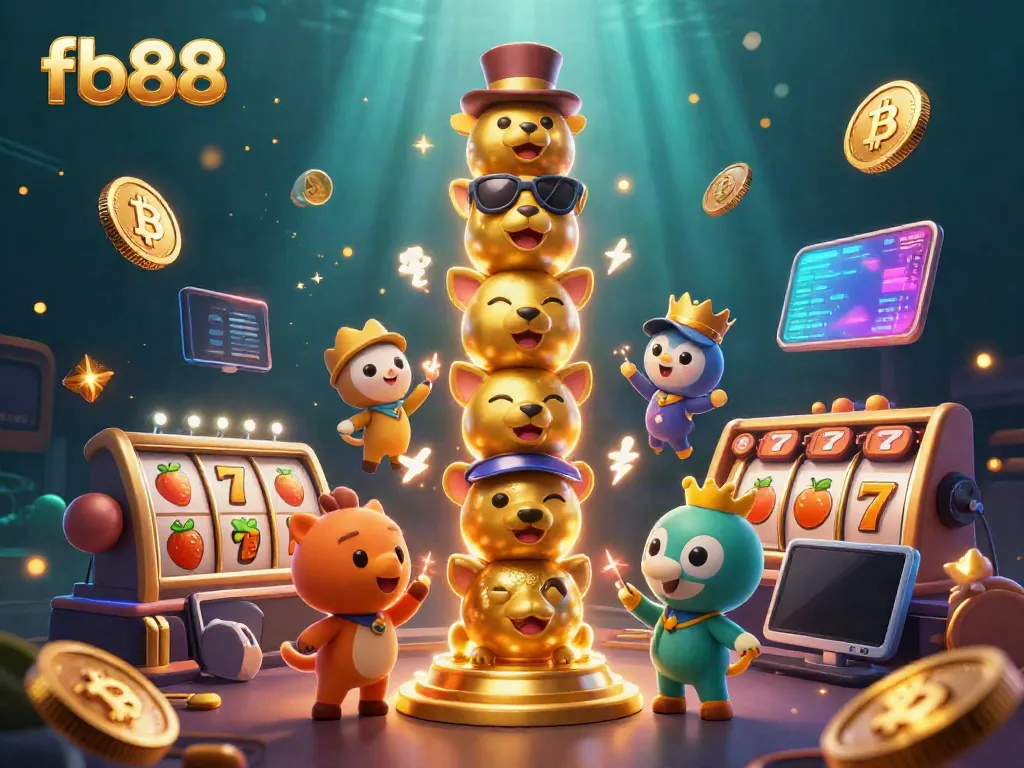 Experience exciting gameplay with fb88's vibrant 3D casino illustration featuring slot elements and a totem pole.