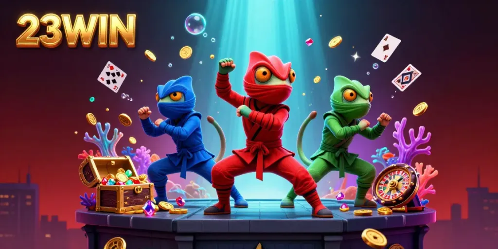 Experience thrilling wins with 23WIN as ninja chameleons engage in dynamic casino action amidst coins and cards.