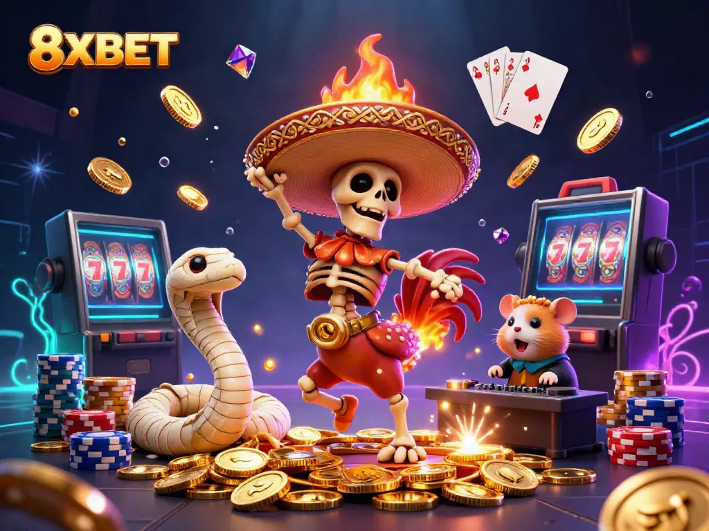 Experience the thrill of 8XBET with lively characters and sparkling casino elements in this vibrant 3D scene.
