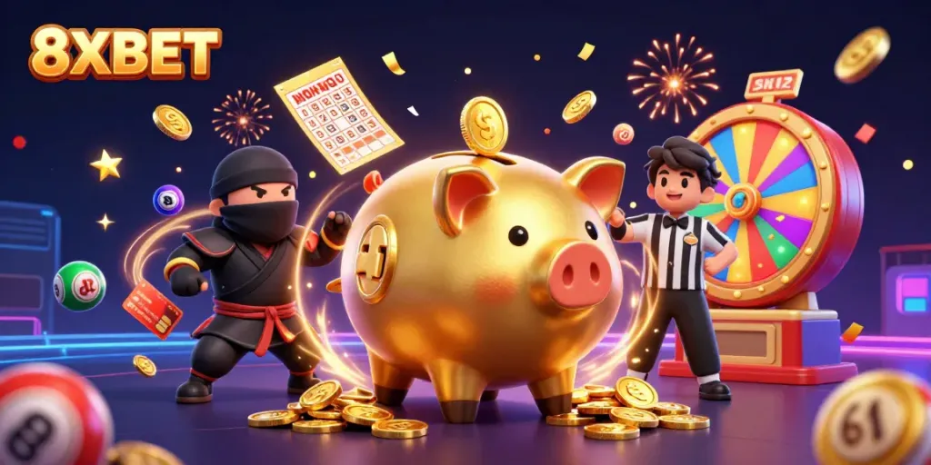 Experience thrilling wins at 8XBET with colorful lottery elements and dynamic gaming characters.