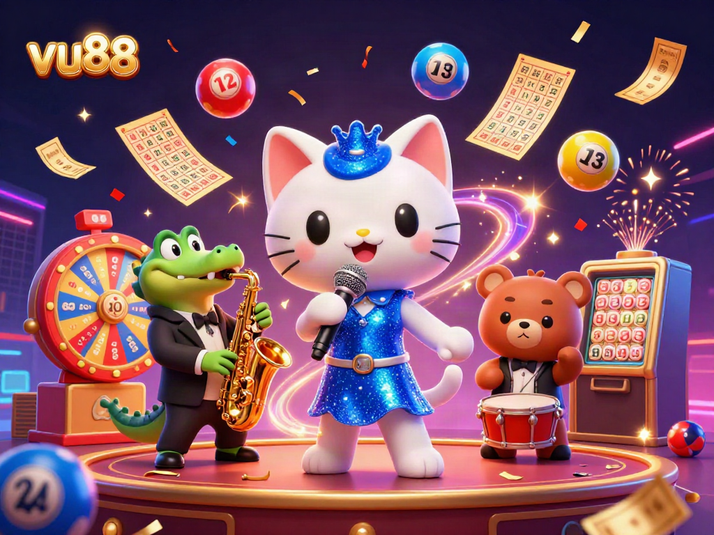 Experience the excitement of vu88 with a jazz-singer cat, saxophone crocodile, and drum bear in a vibrant casino scene.
