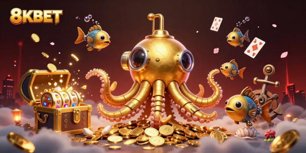 Experience thrilling gaming with 8KBET's captivating casino-themed illustration featuring a golden kraken and exciting slot elements.