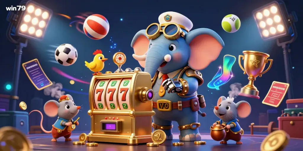Win79 slot extravaganza featuring a steampunk elephant operating a golden machine with flying sports balls and vibrant gaming elements.
