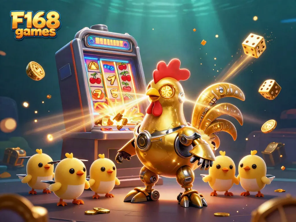 Experience thrilling F168 games with a golden rooster robot and baby chick drones amidst exploding jackpots and vibrant casino elements.