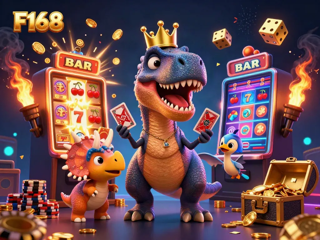 Experience excitement with F168 as playful dinosaurs shuffle cards and stack chips in a vibrant casino.