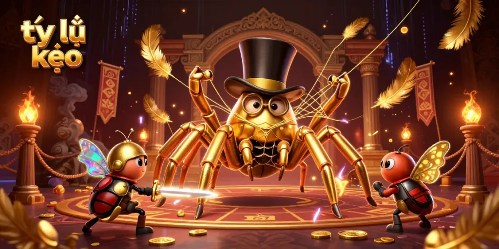 Catching the thrilling essence of tỷ lệ kèo in a dynamic casino scene with a golden tarantula weaving fortunes.