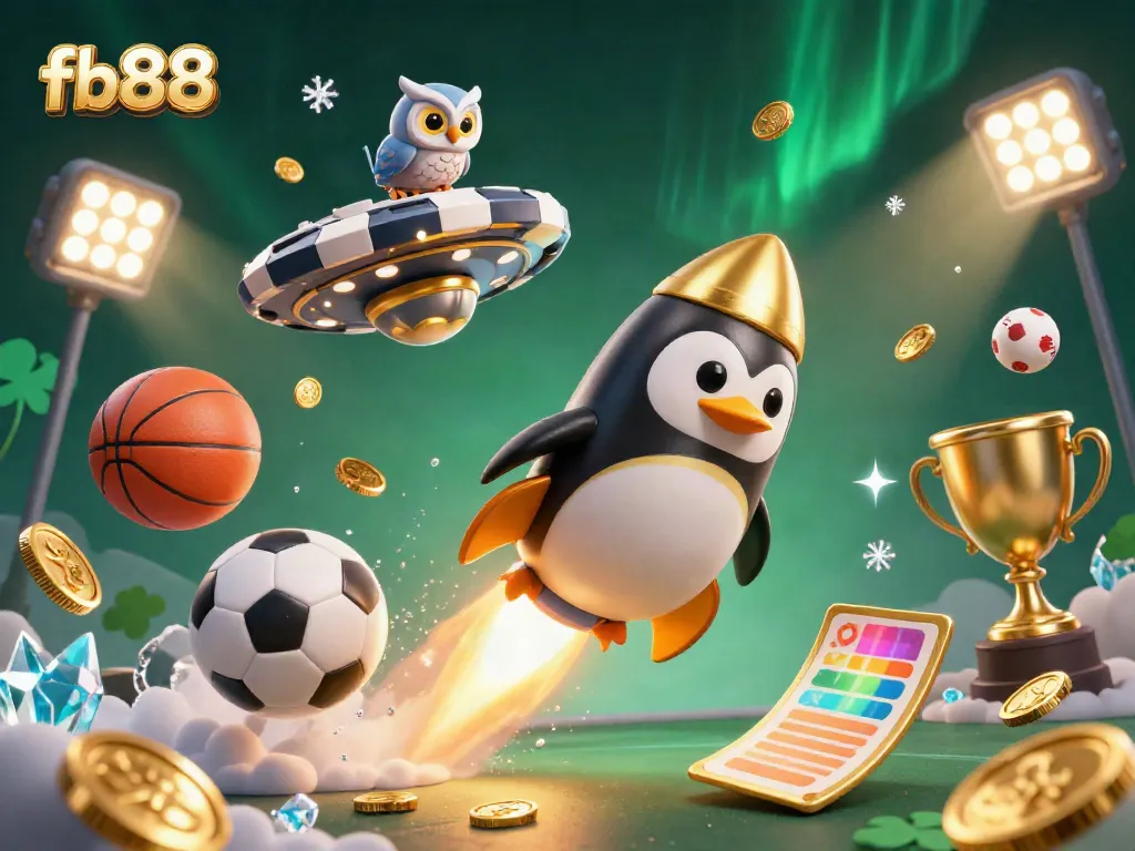 Experience the dynamic adventure offb88 as a golden penguin rockets toward a casino space station amidst flying sports balls and glowing trophies.
