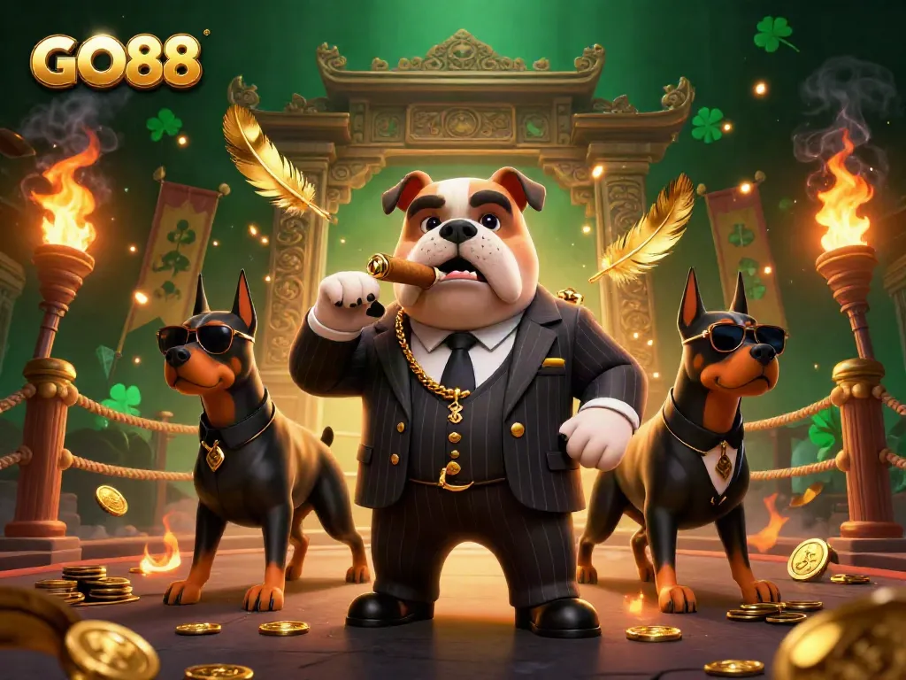 Engage with GO88's thrilling casino scene featuring a bulldog mafia boss and Doberman bodyguards among gold coins.