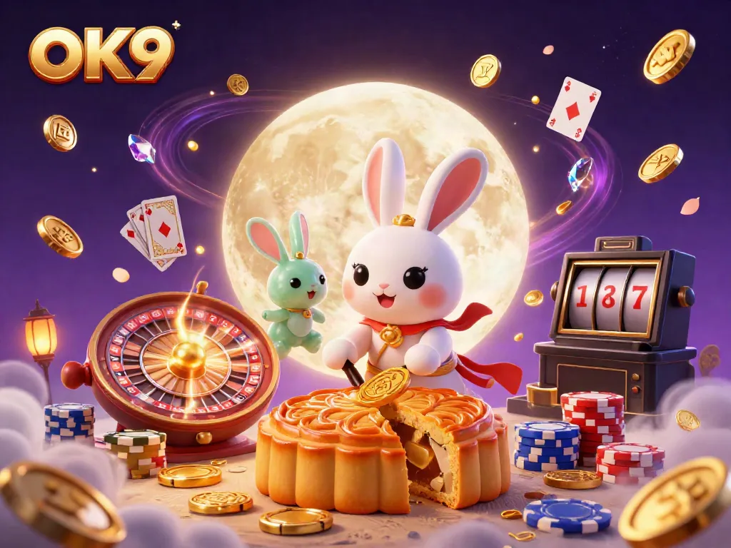 Experience OK9 casino excitement with a moon rabbit and vibrant gaming elements sparkling in a fantasy setting.