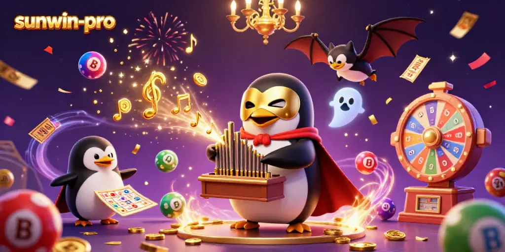 Engage with the sunwin-pro platform through an animated scene of a penguin playing an organ as coins fly out.